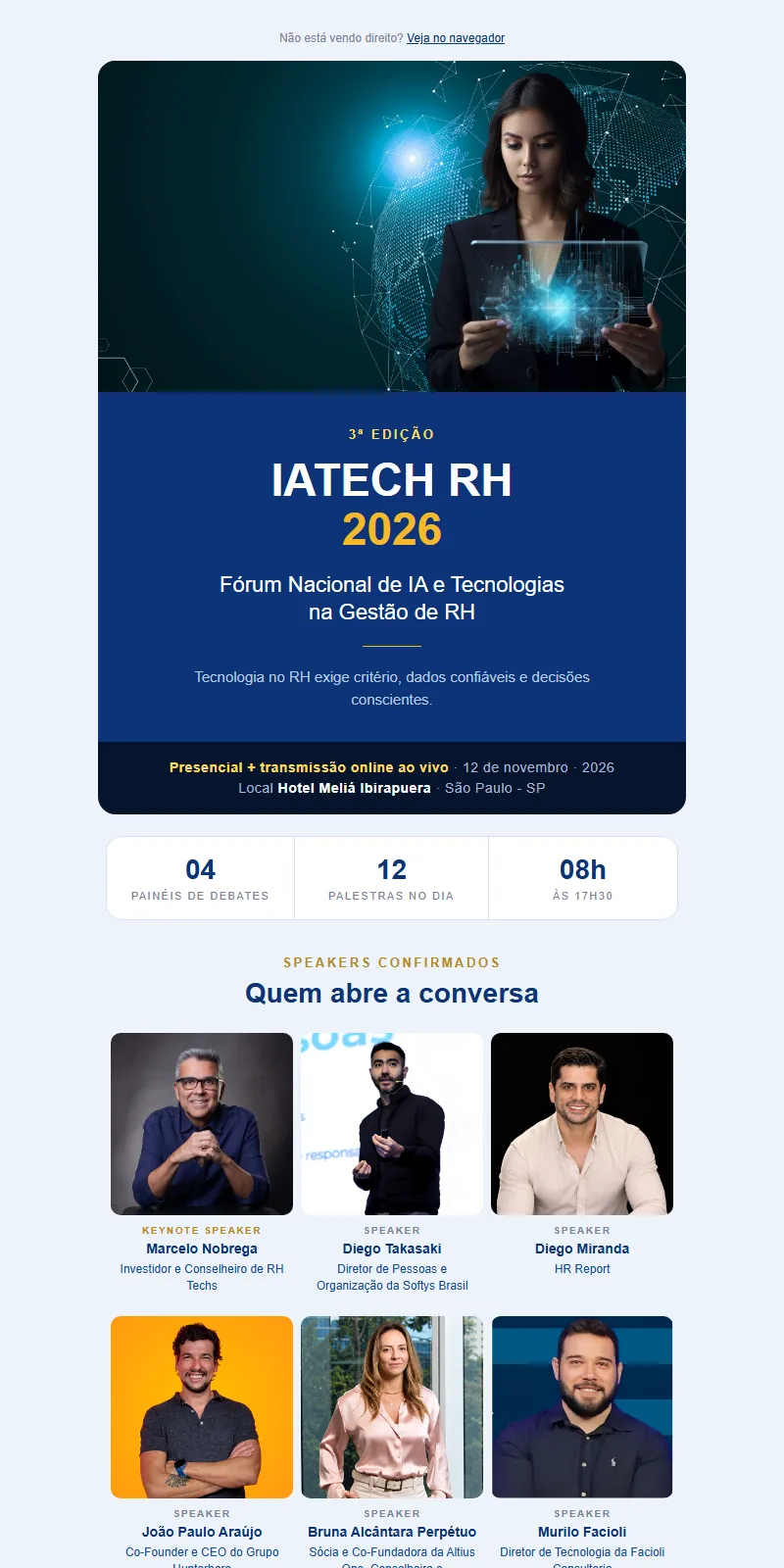 E-mail marketing em HTML do IATECH RH 2026, com palestrantes confirmados e programação