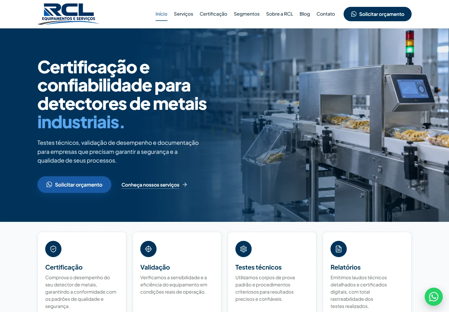 Página inicial real do site da RCL no computador, com a apresentação dos serviços de certificação de detectores de metais