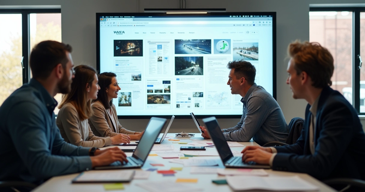 Equipe em reunião analisando o layout de site em telas diferentes 