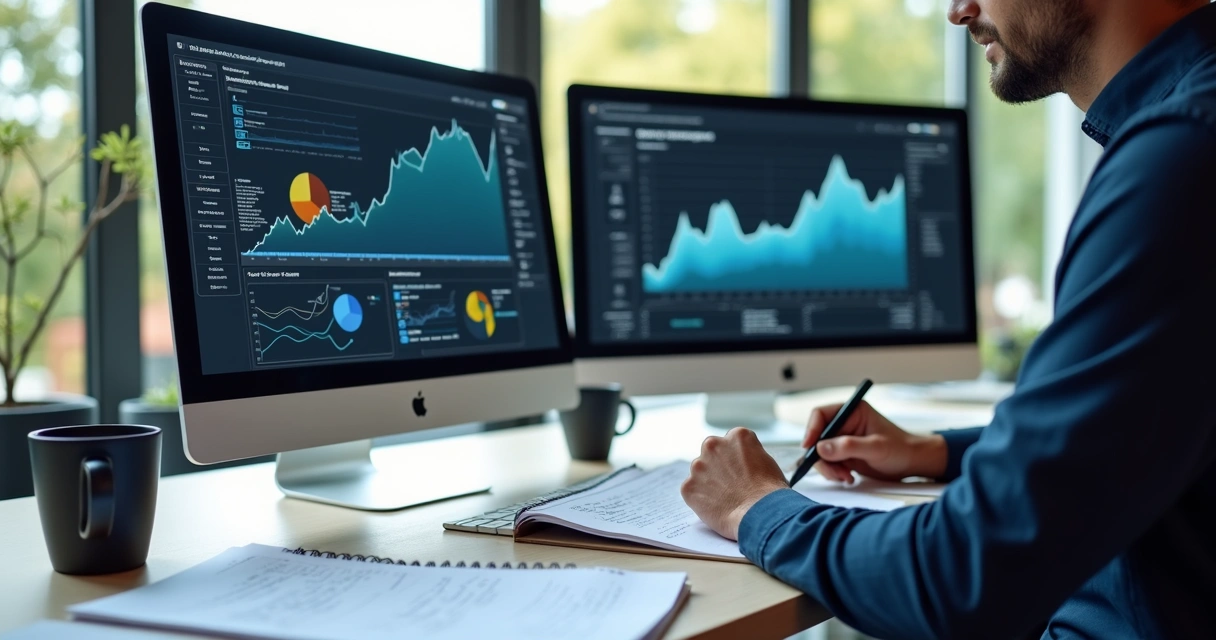 Especialista analisando relatórios de SEO em dois monitores 