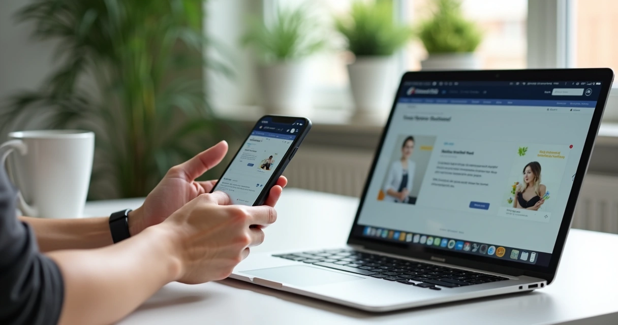 Pessoa testando usabilidade em smartphone e laptop simultaneamente 