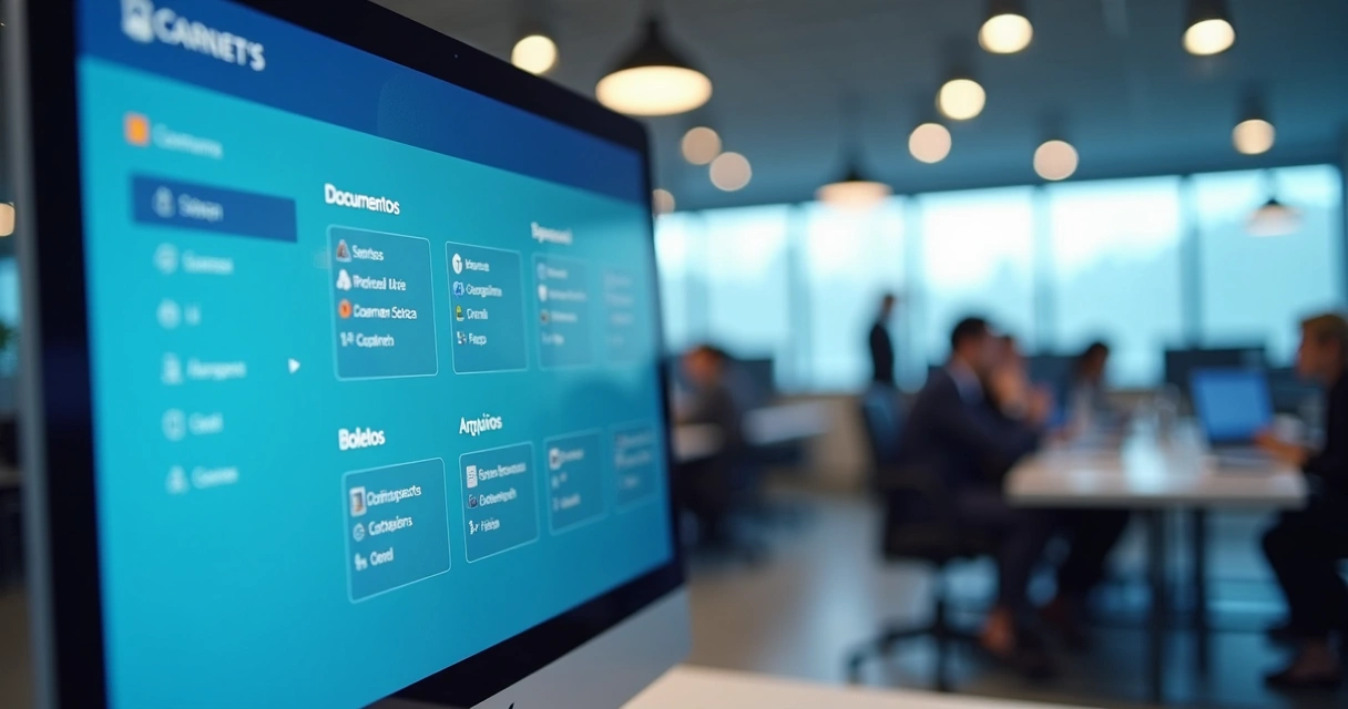 Tela de plataforma de intranet com menus de acesso restrito e documentos organizados 