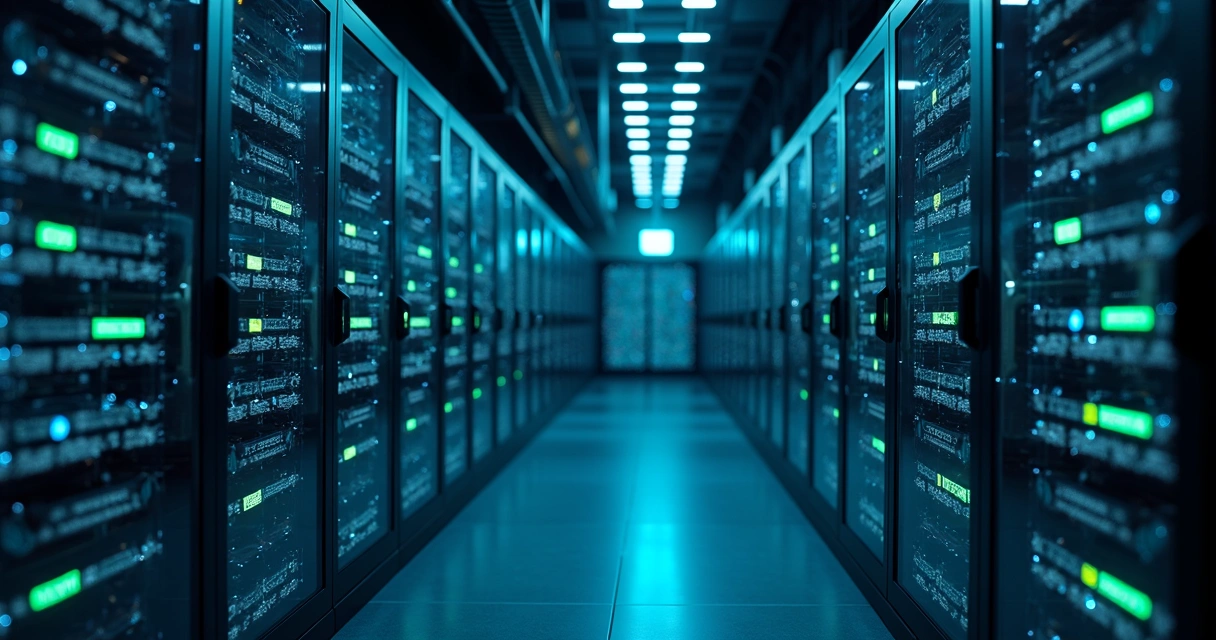 Sala de servidores modernos com racks e luz azul 