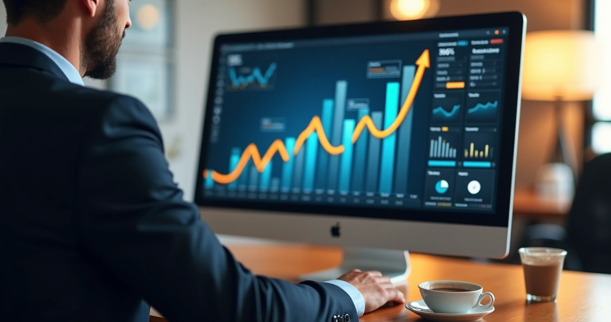 Empresário visualizando crescimento de gráficos em tela de computador moderno 