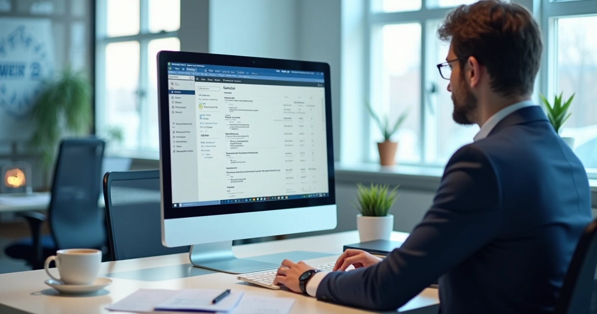 Profissional no escritório configurando e-mail corporativo no computador