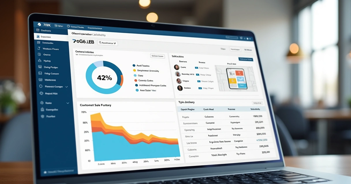 Tela de CRM com funil de vendas e lista de clientes cadastrados 