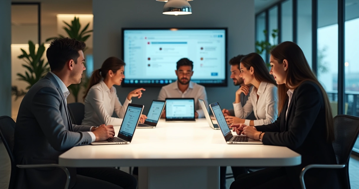 Reunião de equipe usando e-mail corporativo em laptops