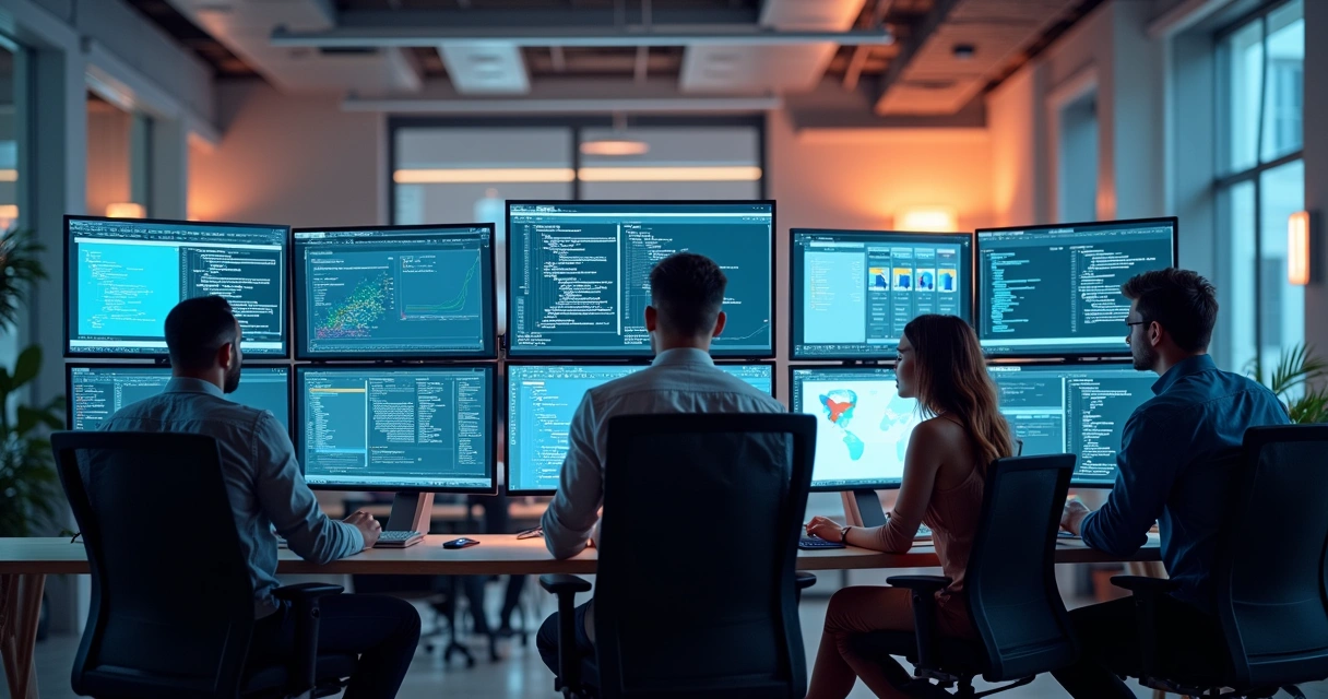 Equipe ajustando códigos de SEO em múltiplos dispositivos