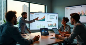Equipe analisando gráficos de crescimento de tráfego e vendas em painel de SEO
