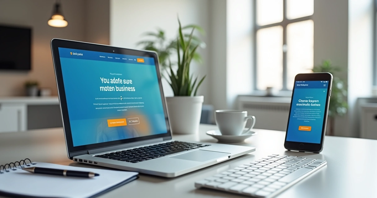 Tela de notebook com website profissional aberto ao lado de smartphone em mesa de escritório moderna