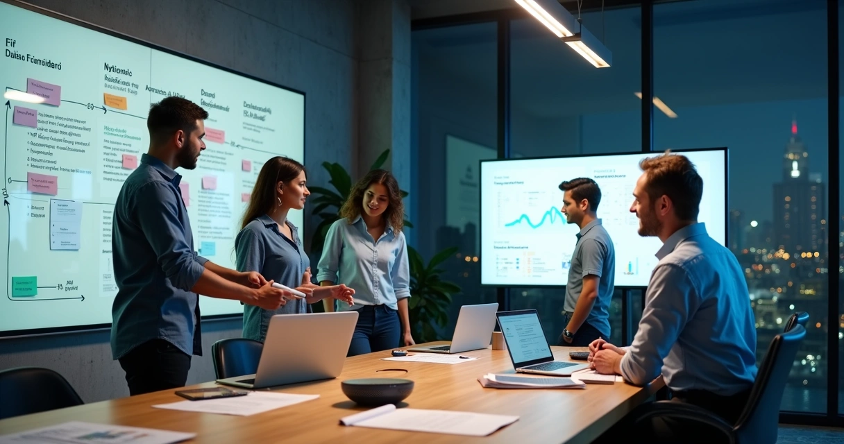 Equipe especializada planejando etapas de criação de site em quadro organizado