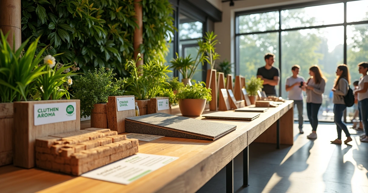 Materiais ecológicos para construção expostos em bancada 