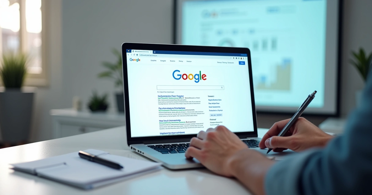 Página de site empresarial exibida no notebook com resultados do Google ao fundo