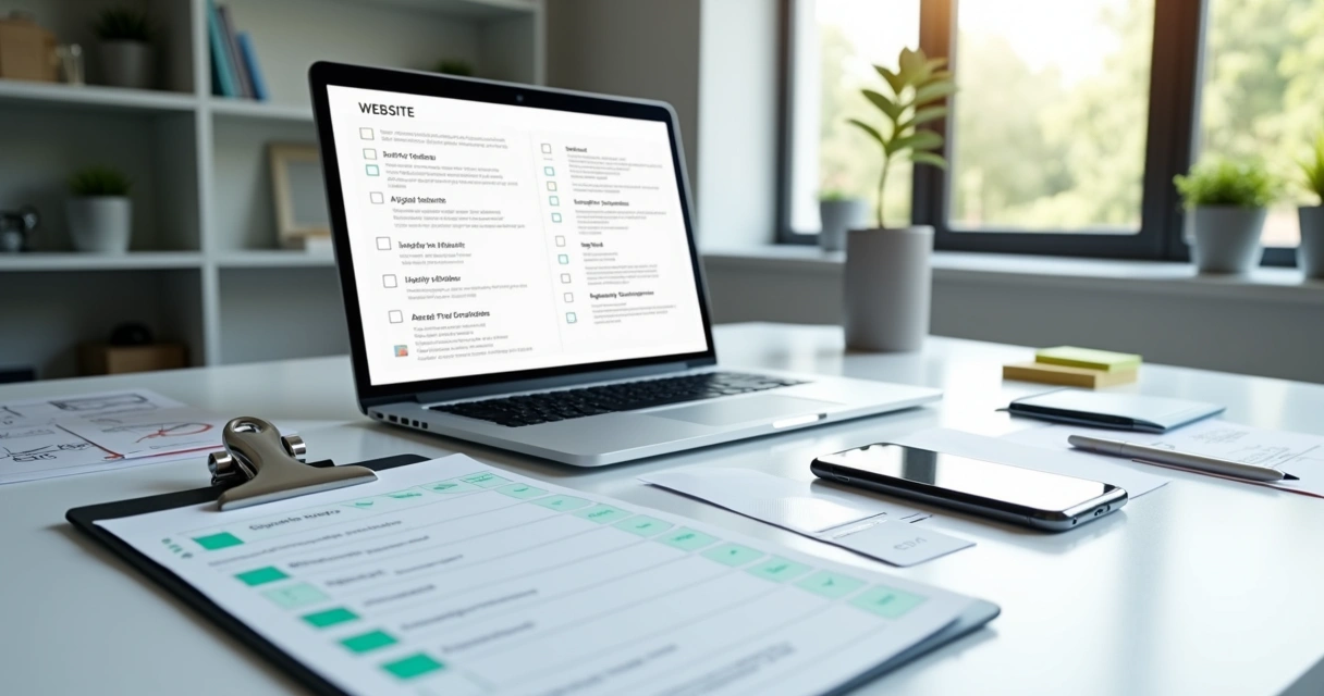 Tela de notebook com checklist digital ao lado de protótipo de site moderno aberto