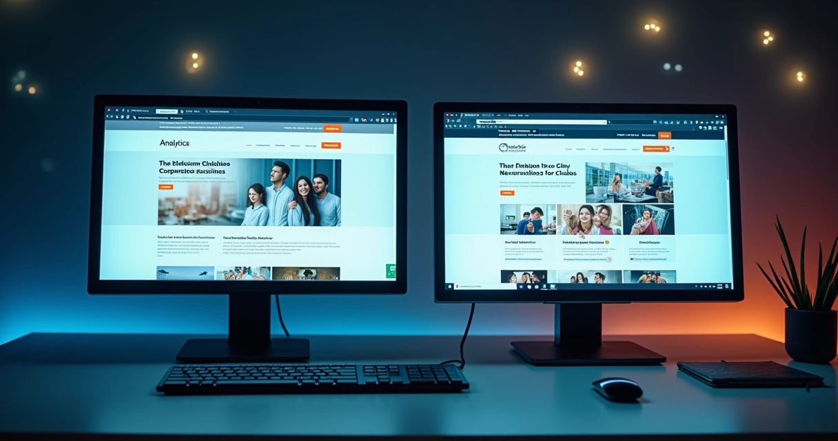 Comparação visual entre site profissional e site amador em monitores lado a lado