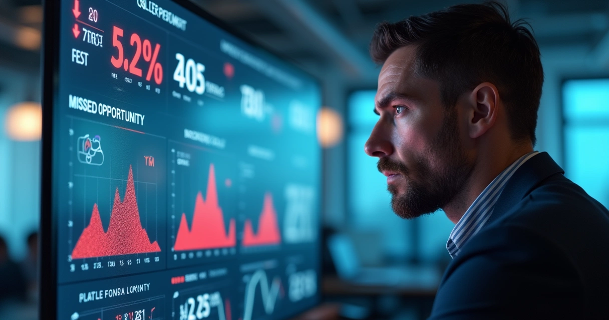 Empresário olhando tela com relatórios mostrando perda de oportunidades digitais. 