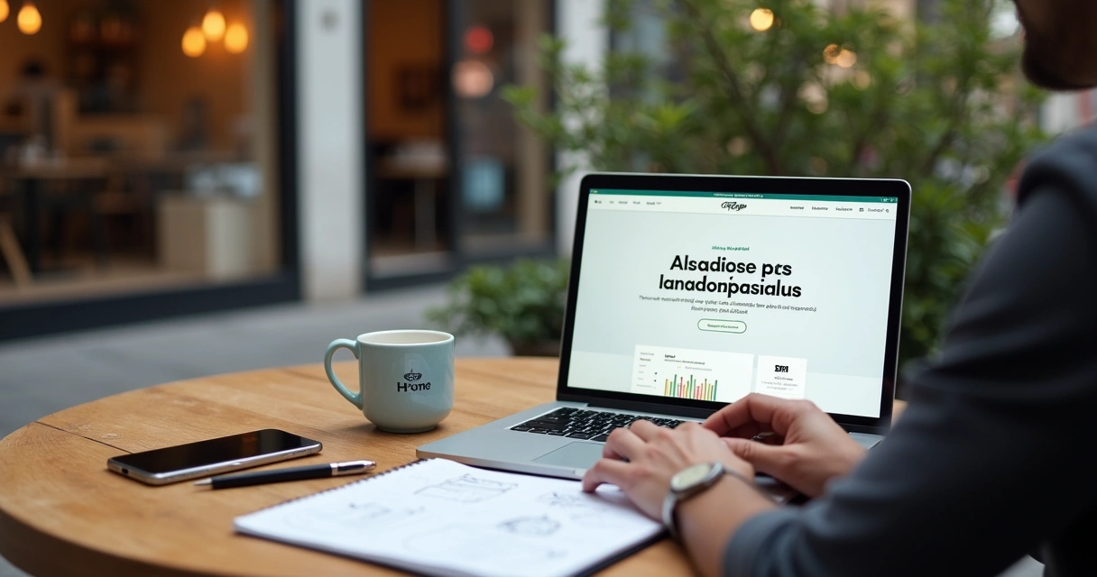 Dono de pequena empresa planejando site em café com notebook aberto