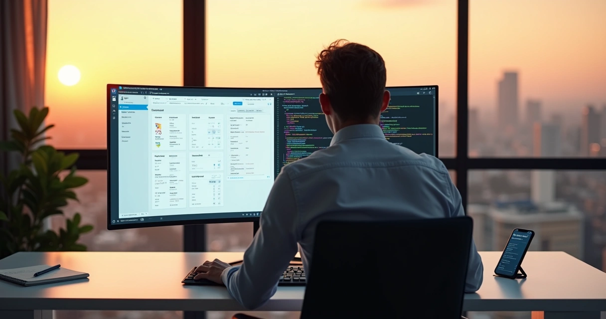 Empresário comparando visualmente dois tipos de site em tela ampla de computador