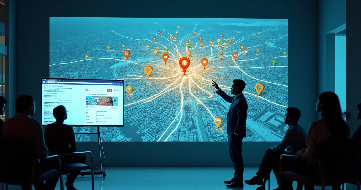 Mapa da cidade com pins do Google destacando site de empresa local