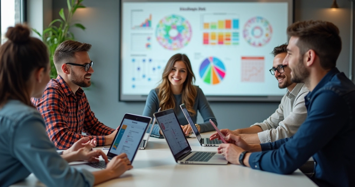 Equipe de marketing usando redes sociais