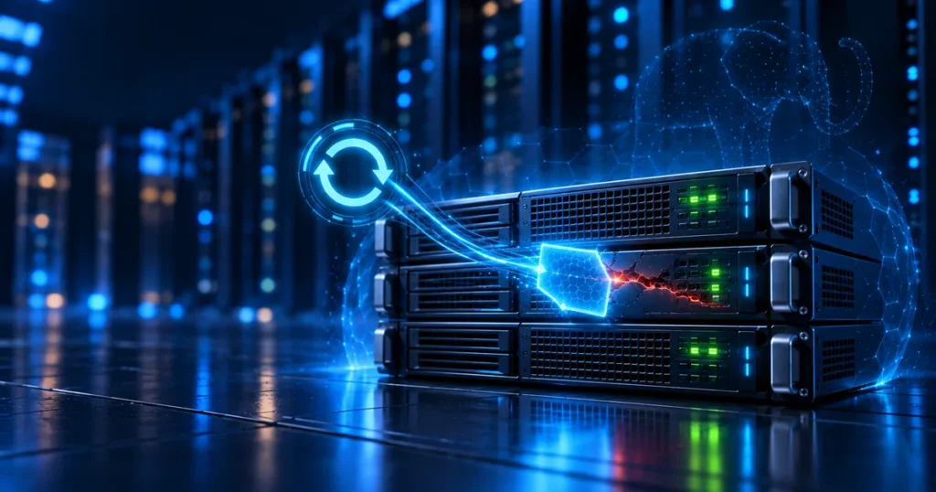 Servidor em rack com uma falha brilhando em vermelho sendo selada por um remendo azul, com luzes verdes de status