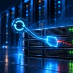 Servidor em rack com uma falha brilhando em vermelho sendo selada por um remendo azul, com luzes verdes de status