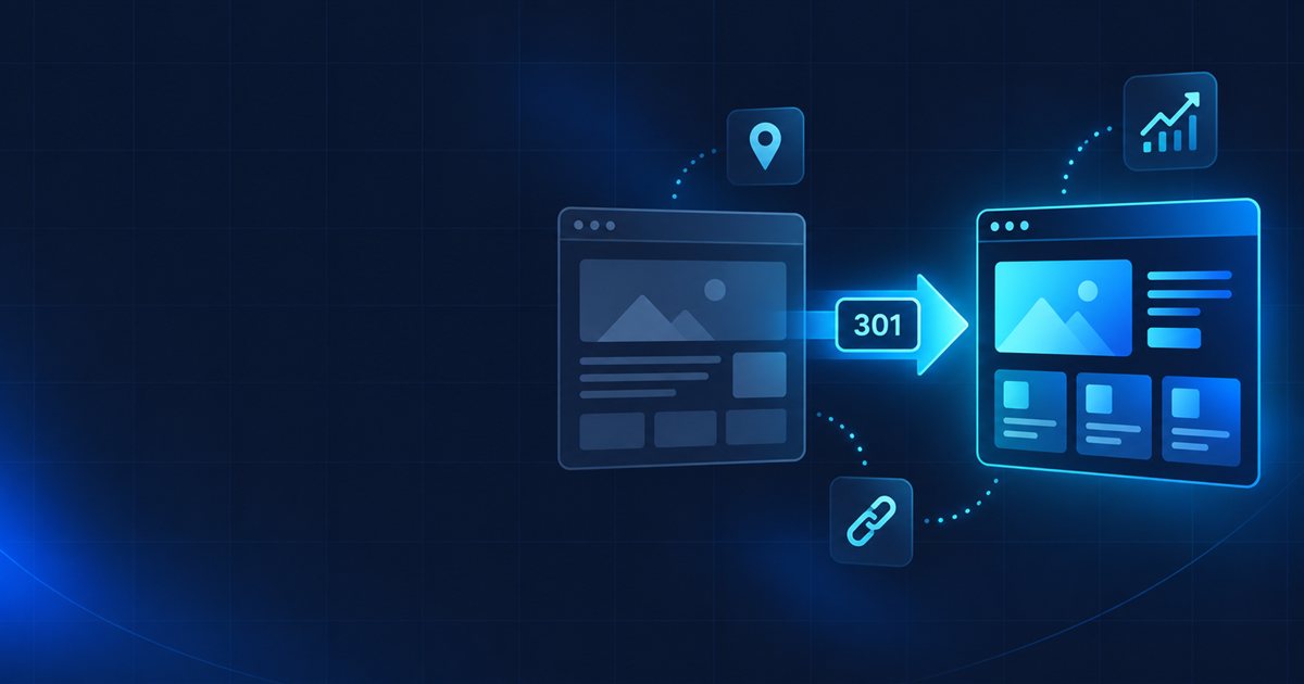 Ilustração: site antigo ligado ao site novo por um redirecionamento 301, com ícones de URL, link e gráfico de crescimento
