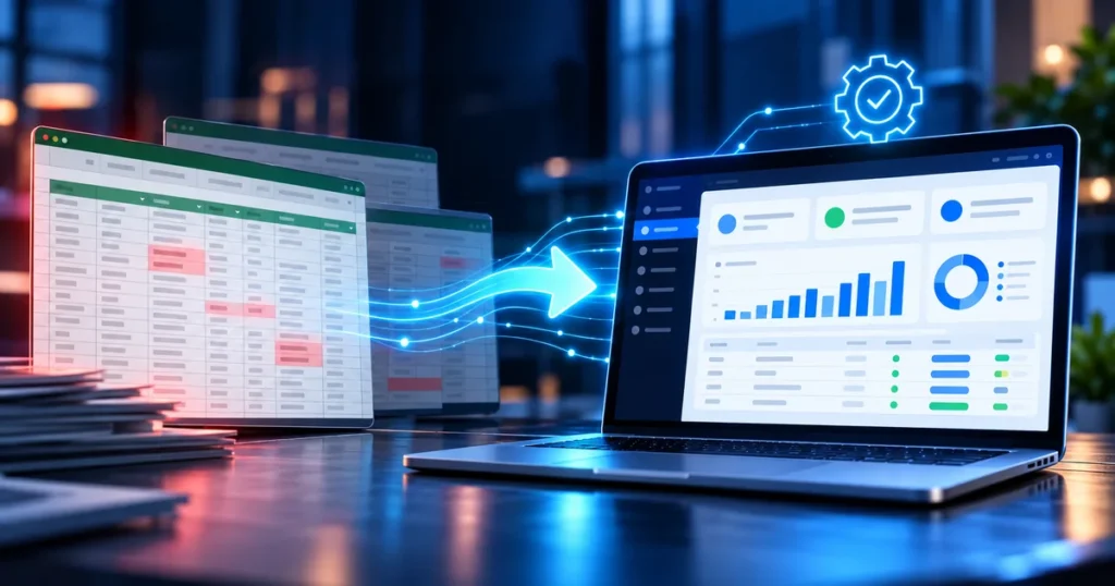 Planilhas com erros e versões duplicadas sendo integradas a um sistema de gestão organizado, com gráficos e indicadores