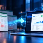 Planilhas com erros e versões duplicadas sendo integradas a um sistema de gestão organizado, com gráficos e indicadores