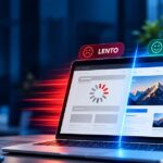 Notebook mostrando um site lento à esquerda e o mesmo site rápido à direita, com nota 98 no PageSpeed