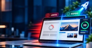 Notebook mostrando um site lento à esquerda e o mesmo site rápido à direita, com nota 98 no PageSpeed