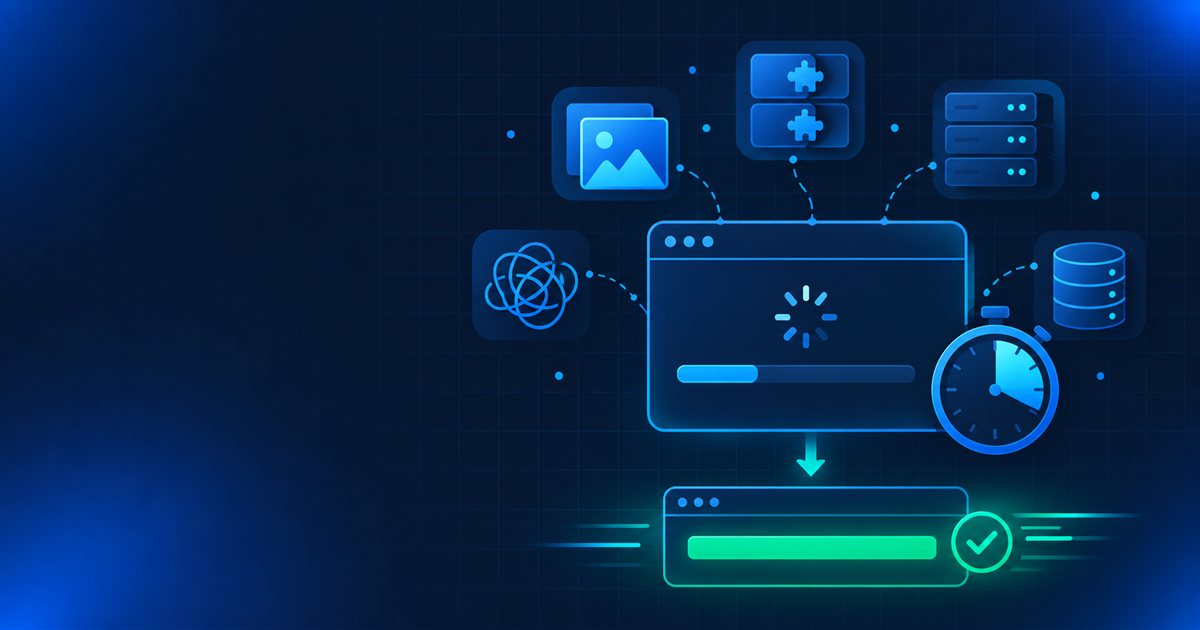 Ilustração: navegador carregando lentamente cercado pelas causas da lentidão — imagens pesadas, plugins, servidor, banco de dados e scripts — e, abaixo, o resultado rápido