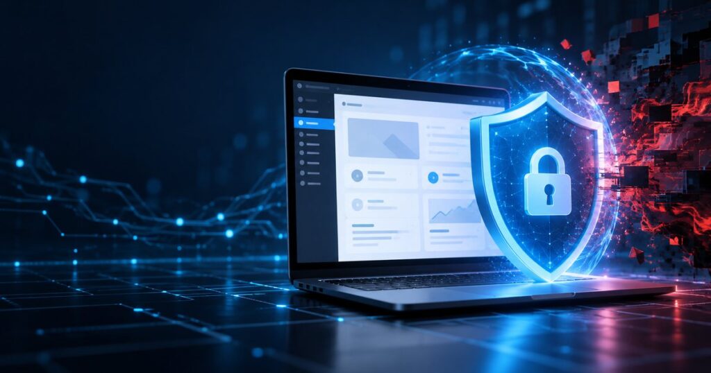 Ilustração: laptop com painel de administração protegido por um escudo com cadeado, enquanto fragmentos de código malicioso são bloqueados