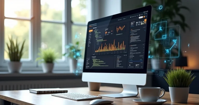 Computador moderno mostrando tela de site com gráficos e códigos em ambiente de escritório minimalista