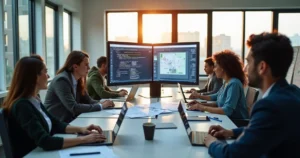 Equipe de profissionais trabalhando no desenvolvimento de um site em escritório moderno com computadores e anotações