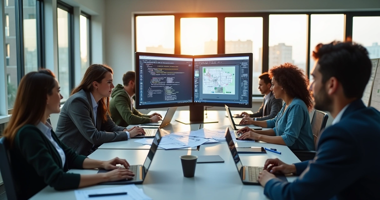 Equipe de profissionais trabalhando no desenvolvimento de um site em escritório moderno com computadores e anotações