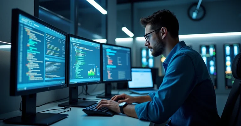 Técnico de TI realizando manutenção em site WordPress com múltiplos monitores exibindo códigos e gráficos de desempenho
