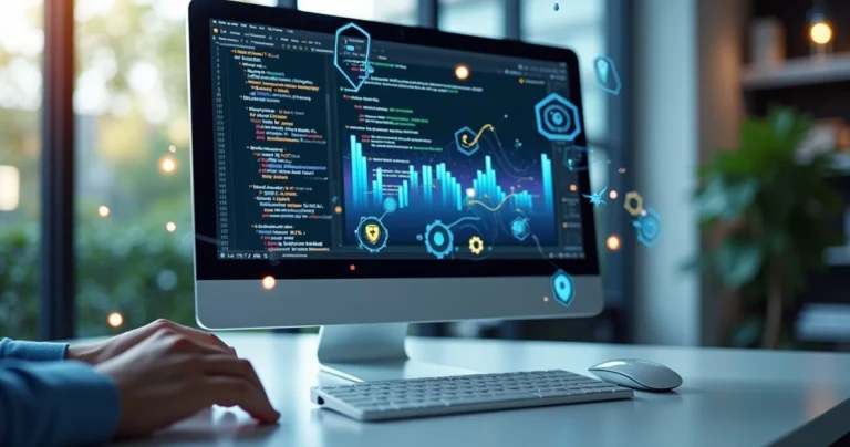 Tela de computador mostrando códigos e gráficos, com ferramentas digitais ao redor para manutenção de site