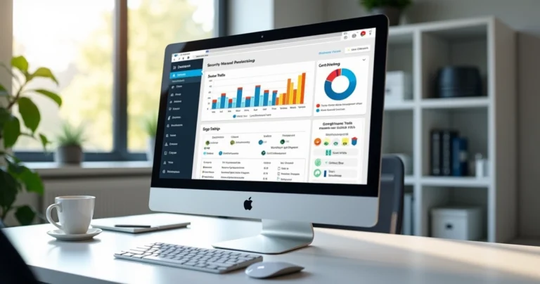Computador com painel de controle de hospedagem WordPress aberto, mostrando gráficos, configurações de segurança e recursos de backup