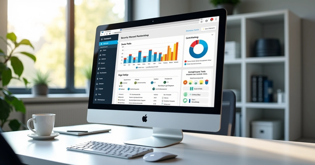 Computador com painel de controle de hospedagem WordPress aberto, mostrando gráficos, configurações de segurança e recursos de backup