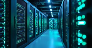 Data center moderno com servidores iluminados em rack, cabos organizados e luzes de status azul e verde