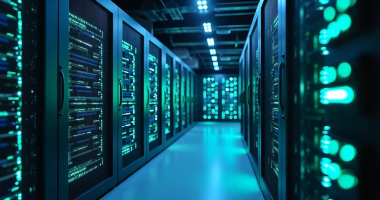 Data center moderno com servidores iluminados em rack, cabos organizados e luzes de status azul e verde