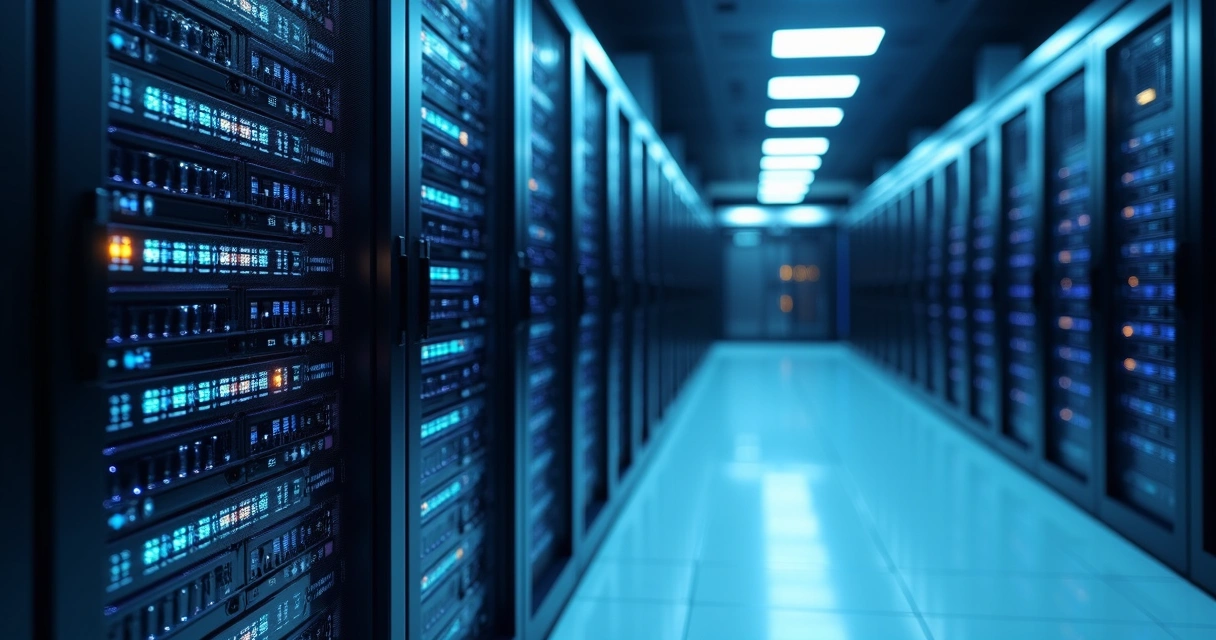 Sala moderna de servidores de hospedagem de sites com luzes LED azuis e cabos organizados