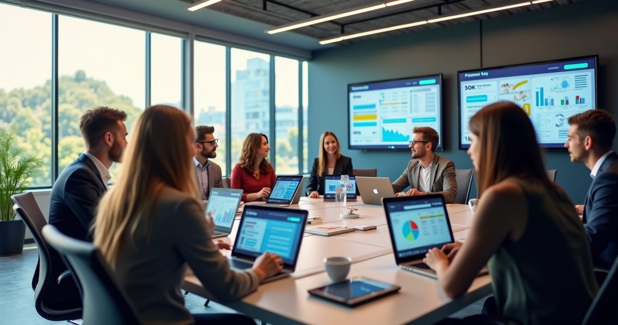 Equipe de profissionais reunida em escritório moderno, discutindo projeto de criação de site em telas de computador