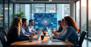 Equipe profissional trabalhando no desenvolvimento de site moderno em escritório com computadores e anotações