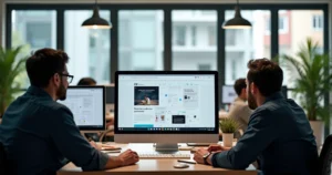 Equipe de designers e desenvolvedores revisando layout de site em computadores modernos, ambiente de escritório profissional, telas com wireframe e mockups visíveis, iluminação natural