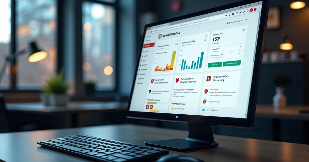 Interface gráfica de firewall e segurança em site WordPress com alertas e monitoramento em tempo real