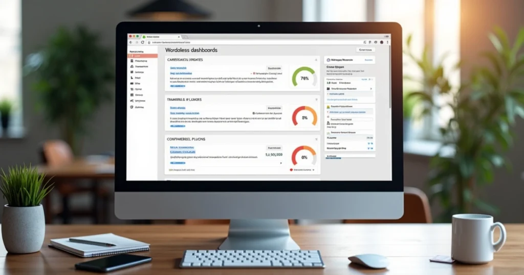 Tela de computador exibindo painel de controle WordPress em ambiente de escritório moderno