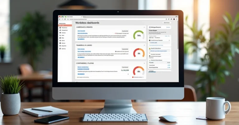 Tela de computador exibindo painel de controle WordPress em ambiente de escritório moderno
