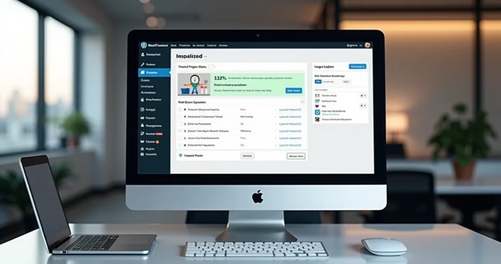 Tela de computador exibindo painel de controle WordPress com plugins e atualizações visíveis, ambiente de escritório moderno ao fundo